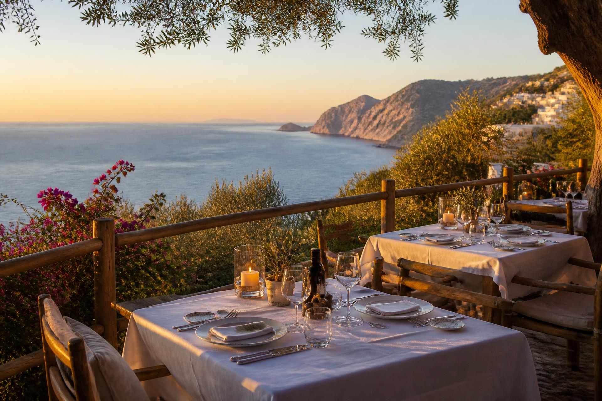 Esplanada de restaurante com vista de mar ao pôr-do-sol